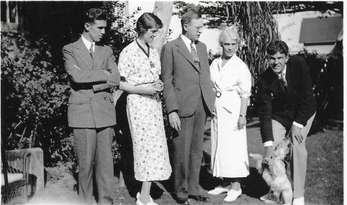 John, Kaye, William, Emily, Charles Gratiot (Jim) with Skippy at Pacific Grove house